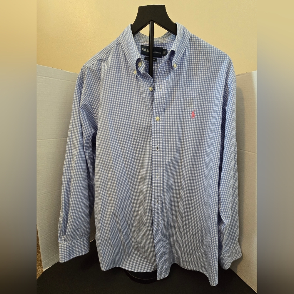 Ralph Lauren Button up Mens Shirt Blue Label Mens L blue white check pink logo